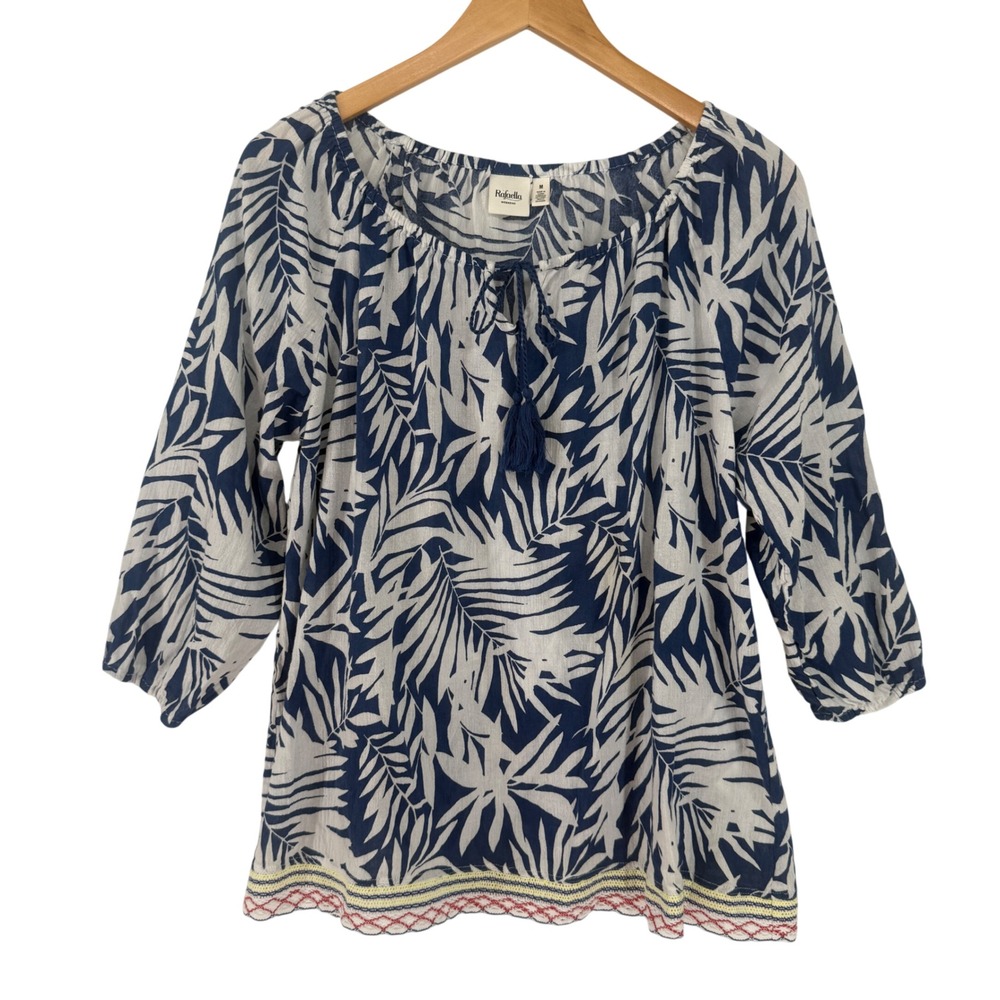 Rafaella Blouse Womens M Blue 100% Cotton Palm Print Tassel Boho Peasant Top